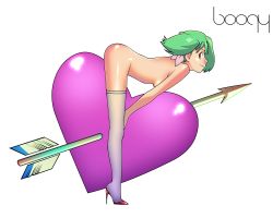 Rule 34 | 00s, 1girl, absurdres, arrow (projectile), ass, bent over, full body, green hair, heart, high heels, highres, legs, macross, macross frontier, nude, orange eyes, ranka lee, shoes, solo, thighhighs, transparent background, vector trace