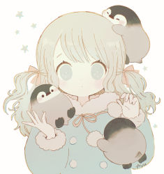 Rule 34 | 1girl, animal, ayu (mog), bird, blue coat, blush, bow, buttons, closed mouth, coat, dot mouth, dot nose, double-breasted, grey eyes, grey hair, hair bow, holding, holding animal, long sleeves, looking at viewer, neck ribbon, original, penguin, penguin chick, red bow, red ribbon, ribbon, solo, star (symbol), twintails, upper body, white background, winter clothes