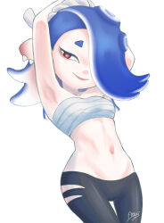 Rule 34 | armpits, arms up, atori (a ttori), blue hair, chest sarashi, cowboy shot, ear piercing, hair over one eye, highres, navel, nintendo, octoling girl, octoling player character, pants, piercing, pointy ears, red eyes, sarashi, shiver (splatoon), smile, splatoon (series), splatoon 3, tentacle hair, thigh gap, torn clothes, torn pants, white background