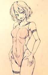 Rule 34 | 1girl, breasts, commentary request, competition swimsuit, covered navel, cowboy shot, d-m (dii emu), eyelashes, greyscale, hands on own hips, horikawa raiko, looking at viewer, monochrome, one-piece swimsuit, short hair, sketch, small breasts, swimsuit, touhou, traditional media