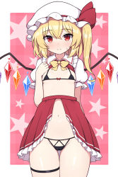 Rule 34 | 1girl, bikini, black bikini, blonde hair, blush, border, bow, bowtie, bridal garter, checkered background, cleft of venus, closed mouth, collared shirt, cowboy shot, crystal, flandre scarlet, frilled shirt collar, frilled skirt, frilled sleeves, frills, hair between eyes, hat, high-waist skirt, highres, looking at viewer, medium hair, micro bikini, mob cap, navel, one side up, open clothes, outside border, paid reward available, pink background, puffy short sleeves, puffy sleeves, red eyes, red skirt, red vest, rizento, shirt, short sleeves, skirt, skirt set, smile, solo, star (symbol), starry background, swimsuit, thigh gap, thigh strap, thighs, touhou, vest, white border, white hat, white shirt, wings, yellow bow, yellow bowtie