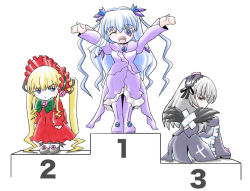 Rule 34 | 00s, 3girls, :d, ^ ^, bandages, barasuishou, black wings, blonde hair, blue eyes, blue hair, bonnet, boots, bow, bowtie, brooch, chibi, closed eyes, dress, flower, flower eyepatch, frown, grey hair, hair flower, hair ornament, hair ribbon, hairband, imai kazunari, jewelry, lolita hairband, long hair, multiple girls, open mouth, outstretched arms, podium, red eyes, ribbon, rozen maiden, shinku, simple background, sitting, smile, spread arms, standing, suigintou, very long hair, white background, wings, winner&#039;s platform