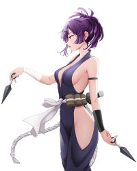 1girl absurdres breasts commentary_request gibun_(sozoshu) highres holding holding_kunai jigokuraku kunai medium_breasts ninja purple_eyes purple_hair short_hair sideboob simple_background solo standing weapon white_background yuzuriha_(jigokuraku)