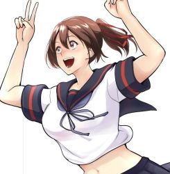 Rule 34 | 10s, 1girl, arms up, bifidus, brown eyes, brown hair, commentary request, cosplay, fubuki (kancolle), fubuki (kancolle) (cosplay), hair ribbon, ise (kancolle), kantai collection, matching hair/eyes, midriff, navel, open mouth, pleated skirt, ponytail, ribbon, sailor collar, school uniform, serafuku, short sleeves, skirt, smile, solo, v, white background