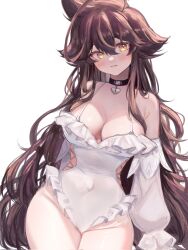 Rule 34 | 1girl, ahoge, bare hips, bare shoulders, black choker, blush, breasts, brown eyes, brown hair, choker, cleavage, closed mouth, covered navel, cowboy shot, cross-laced slit, frilled leotard, frills, hair between eyes, hair flaps, heart, heart ahoge, heart choker, highleg, highleg leotard, highres, large breasts, leaning back, leotard, long hair, long sleeves, looking to the side, messy hair, original, simple background, sky above me, solo, unfinished, very long hair, white background, white leotard, wide hips, yellow eyes