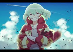 Rule 34 | 1boy, ayame (3103942), bad id, bad twitter id, blonde hair, blue sky, clear sky, closed eyes, cloud, crossed arms, dirty, dirty face, gloves, grin, highres, jacket, letterboxed, lio fotia, male focus, promare, short hair, sky, smile, solo, teeth