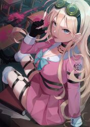 1girl absurdres antenna_hair arm_support bad_id bad_pixiv_id barbed_wire belt blonde_hair blood blood_splatter blue_eyes book breasts cleavage commentary_request danganronpa_(series) danganronpa_v3:_killing_harmony desk fingerless_gloves from_above from_behind gloves goggles goggles_on_head highres iruma_miu long_hair looking_at_viewer o-ring on_desk pink_blood pink_shirt pink_skirt school_desk shirt sitting skirt solo tanukiya thigh_belt thigh_strap tongue tongue_out unfinished very_long_hair wavy_hair