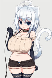 Rule 34 | 1girl, ahoge, animal ears, blue eyes, breasts, collar, felt whitesnow, highres, huge breasts, leash, original, sawati, shorts, skindentation, solo, tail, thick thighs, thighhighs, thighs, tight clothes, white hair