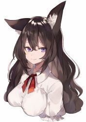 Rule 34 | 1girl, animal ear fluff, animal ears, bow, breasts, brown hair, closed mouth, collared shirt, cropped torso, hair between eyes, long hair, looking at viewer, medium breasts, original, puffy short sleeves, puffy sleeves, purple eyes, red bow, shirt, short sleeves, shugao, simple background, smile, solo, very long hair, white background, white shirt