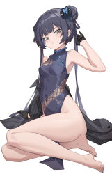 Rule 34 | 1girl, absurdres, bare legs, bare shoulders, barefoot, black coat, black dress, black hair, blue archive, blue nails, blunt bangs, blush, breasts, butterfly hair ornament, china dress, chinese clothes, closed mouth, coat, covered navel, double bun, dress, feet, full body, grey eyes, hair bun, hair ornament, highres, ke&#039;ai qu qu, kisaki (blue archive), legs, long hair, long sleeves, looking at viewer, nail polish, no panties, open clothes, open coat, simple background, sitting, small breasts, toenail polish, toenails, toes, very long hair, white background
