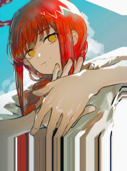 Rule 34 | 1girl, @ @, abstract, absurdres, blue sky, braid, chainsaw man, cloud, cloudy sky, dark halo, eyelashes, fingernails, halo, highres, imamiya pinoko, long hair, looking at viewer, makima (chainsaw man), parted lips, red hair, red halo, ringed eyes, sky, solo, upper body, yellow eyes