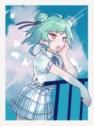 Rule 34 | 1girl, adan imas, against railing, bad id, bad pixiv id, black bow, blue necktie, blue sky, blush, border, bow, bug, butterfly, butterfly-shaped pupils, cloud, commentary, cowboy shot, double bun, fang, green hair, hair bow, hair bun, hand on own cheek, hand on own face, hololive, insect, necktie, no nose, open mouth, plaid, plaid skirt, railing, red eyes, shirt, short hair, short hair with long locks, short sleeves, skirt, sky, solo, symbol-shaped pupils, uruha rushia, virtual youtuber, white butterfly, white shirt