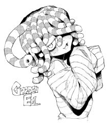 Rule 34 | 1girl, bags under eyes, bare shoulders, cropped torso, eel, fang, garden eel, hair over one eye, half-closed eyes, halftone, hatching (texture), hb 091, head tilt, highres, looking at viewer, monochrome, monster girl, off-shoulder shirt, off shoulder, open mouth, original, shirt, sleeves past wrists, solo, striped clothes, striped shirt, tentacle hair, upper body