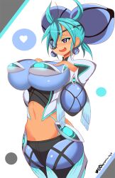Rule 34 | 1girl, :d, aqua hair, artist name, blue eyes, blue hair, breasts, commentary, core, dark-skinned female, dark skin, earrings, english commentary, eyeliner, eyepatch, fang, glowing, heart, highres, jellcaps, jewelry, large breasts, makeup, navel, open mouth, praxis (xenoblade), purple eyes, smile, solo, stomach, white background, xenoblade chronicles (series), xenoblade chronicles 2