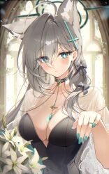 Rule 34 | 1girl, absurdres, ahoge, animal ears, black dress, blue archive, blue eyes, blush, breasts, cleavage, closed mouth, collarbone, cross hair ornament, dark halo, dress, extra ears, eyes visible through hair, fingernails, flower, green nails, grey hair, hair between eyes, hair ornament, halo, highres, iop5509, jewelry, large breasts, long hair, looking at viewer, mismatched pupils, nail polish, pendant, revision, ring, shiroko (blue archive), shiroko terror (blue archive), solo, white flower, window, wolf ears