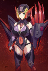 Rule 34 | 1girl, alternate breast size, armor, blonde hair, breasts, claw (weapon), covered erect nipples, covered navel, elbow gloves, gloves, green eyes, gundam, gundam 00, hair ornament, hairclip, huge breasts, jewelry, louise halevy, mecha musume, mechanical wings, necklace, regnant, short hair, signature, solo, thighhighs, uganda (ugandam 00), weapon, wings