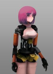Rule 34 | 1girl, absurdres, android, bad id, bad twitter id, breasts, expressionless, gradient background, hair ornament, hairclip, highres, kusami toka naku au, looking ahead, looking to the side, mechanical arms, mechanical parts, medium breasts, original, pink hair, piston, pointing, pointing down, science fiction, short hair, solo, standing, yellow eyes