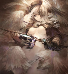 Rule 34 | 1girl, breasts, capelet, feathers, hair over one eye, hat, head tilt, panties, sepia, solo, sword, underwear, weapon, white hair, yoshiku (oden-usagi)