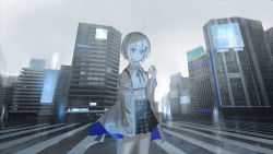 Rule 34 | 1girl, absurdres, answer (vocaloid), blue eyes, breasts, building, character request, chihuri, closed mouth, collared shirt, commentary request, crosswalk, day, dress shirt, grey ribbon, grey skirt, hair between eyes, hand up, highres, holding, jacket, long sleeves, looking at viewer, neck ribbon, open clothes, open jacket, outdoors, plaid, plaid skirt, pleated skirt, puffy long sleeves, puffy sleeves, ribbon, shirt, silver hair, skirt, sleeves past wrists, small breasts, solo, vocaloid, white jacket, white shirt