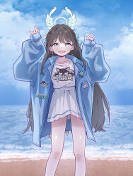 1girl absurdres airi_(band)_(blue_archive) airi_(blue_archive) animal_print arms_up beach blue_archive blue_jacket blue_ribbon blush brown_hair cat_print choi1 green_eyes hair_ribbon highres jacket long_hair looking_at_viewer ocean open_mouth ribbon shirt sidelocks skirt sleeves_past_wrists white_shirt white_skirt