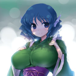 Rule 34 | 1girl, backlighting, blue eyes, blue hair, blush, breasts, closed mouth, ebizome, fins, hands on own chest, head fins, large breasts, long sleeves, looking at viewer, obi, sash, short hair, signature, smile, solo, touhou, upper body, wakasagihime