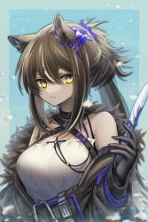 Rule 34 | 1girl, 3 (sanyako1), absurdres, animal ears, arknights, black jacket, blue background, breasts, freckles, frown, fur trim, hair between eyes, hair ornament, hand up, highres, holding, holding knife, jacket, jewelry, knife, looking at viewer, medium breasts, multicolored hair, necklace, off-shoulder shirt, off shoulder, official alternate costume, open clothes, open jacket, ponytail, raccoon ears, robin (arknights), robin (gift of wild) (arknights), shirt, sidelocks, solo, streaked hair, upper body, white hair, white shirt