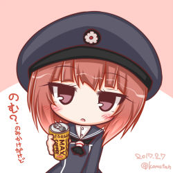 Rule 34 | 1girl, :o, black neckwear, blue dress, blue hat, brown hair, can, canned coffee, dated, dress, drink can, hat, holding, holding can, kantai collection, komakoma (magicaltale), leaning to the side, looking at viewer, navy blue hat, outstretched arm, parted lips, peaked cap, pink eyes, sailor dress, solo, translated, twitter username, z3 max schultz (kancolle)