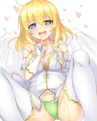 Rule 34 | 10s, 1girl, :d, armband, bare shoulders, blonde hair, blue eyes, blush, breasts, cleavage, collarbone, gloves, green eyes, green panties, heart, heart-shaped pupils, heterochromia, highres, index finger raised, kageira, large breasts, looking at viewer, open mouth, panties, ryouna (senran kagura), grabbing own breast, senran kagura, senran kagura shinovi versus, smile, solo, spread legs, squatting, sweat, symbol-shaped pupils, thighhighs, underwear, white gloves, white thighhighs, white wings, wings