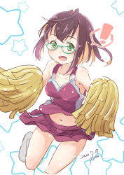 Rule 34 | !, 1girl, alternate costume, black hair, blue-framed eyewear, cheerleader, commentary request, dated, fyuo, glasses, green eyes, highres, kantai collection, multicolored hair, navel, okinami (kancolle), one-hour drawing challenge, pink hair, pleated skirt, pom pom (cheerleading), purple skirt, purple tank top, short hair, signature, skirt, solo, spoken exclamation mark, star (symbol), starry background, tank top, white background