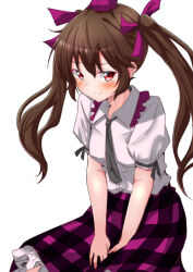 Rule 34 | 1girl, absurdres, blush, brown hair, checkered clothes, checkered skirt, clip studio paint (medium), closed mouth, collar, commentary request, frilled collar, frills, geta, grey necktie, grey ribbon, hat, highres, himekaidou hatate, long hair, looking at viewer, mukkushi, necktie, purple hat, short sleeves, simple background, skirt, sleeve ribbon, smile, solo, tengu-geta, textless version, tokin hat, touhou, twintails, white background