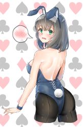 Rule 34 | 1girl, absurdres, alternate costume, animal ears, ass, bare back, bare shoulders, blue wristband, blush, breasts, club (shape), detached collar, diamond (shape), fake animal ears, fake tail, from behind, green eyes, grey hair, heart, highres, hololive, large breasts, leotard, looking at viewer, medium hair, open mouth, pantyhose, playboy bunny, rabbit ears, rabbit tail, roco (rocoroco1115), shirogane noel, shoulder blades, sideboob, solo, spade (shape), speech bubble, tail, virtual youtuber, wristband