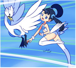 Rule 34 | 1girl, animal, ass, bird, black eyes, black hair, blue eyes, blue panties, boots, creatures (company), drantyno, feathers, flying, game freak, gen 5 pokemon, long hair, looking at viewer, looking back, midriff, nintendo, open mouth, panties, personification, pokemon, pokemon bw, scrunchie, shirt, skirt, smile, swan, swanna, teeth, thigh boots, thighhighs, twintails, underwear, white feathers, white footwear, white shirt, white skirt, wind, wind lift, wings, wristband