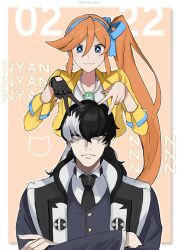 Rule 34 | 1boy, 1girl, :3, ace attorney, athena cykes, black coat, black gloves, black hair, black jacket, black necktie, blue bow, blue eyes, bow, cat day, coat, crossed arms, dated, frown, gloves, gumi (gelatin), hair between eyes, hair bow, highres, jacket, jewelry, long hair, long sleeves, looking at viewer, multicolored hair, necklace, necktie, nyan, open clothes, open jacket, orange hair, partially fingerless gloves, shirt, side ponytail, simon blackquill, single glove, twitter username, two-tone hair, very long hair, white hair, white shirt, yellow jacket