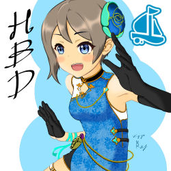 Rule 34 | 1girl, alternate hairstyle, aqua eyes, aqua ribbon, arm ribbon, artist name, artist request, back bow, bare shoulders, black gloves, black shorts, blue dress, blue eyes, blue skirt, blush, boat, bow, bracelet, breasts, brown hair, china dress, chinese clothes, cleavage, cleavage cutout, clothing cutout, dress, elbow gloves, female focus, floral print, flower, flower print, gloves, grey hair, hair between eyes, hair ornament, hairclip, jewelry, light brown hair, looking at viewer, love live!, love live! school idol festival, love live! school idol festival all stars, love live! sunshine!!, parted lips, purple flower, ribbon, short hair, short shorts, shorts, shorts under skirt, single elbow glove, skirt, small breasts, smile, solo, watanabe you, watercraft, white ribbon, yellow bow, yellow flower