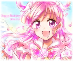 Rule 34 | 1girl, :d, angel wings, blue background, butterfly brooch, cure dream, dated, earrings, fingerless gloves, flower brooch, gloves, hair rings, happy birthday, hitopm, jewelry, long hair, looking at viewer, magical girl, open mouth, petals, pink eyes, pink hair, pink theme, precure, shining dream, smile, solo, upper body, white wings, wing hair ornament, wings, yes! precure 5, yes! precure 5 gogo!, yumehara nozomi