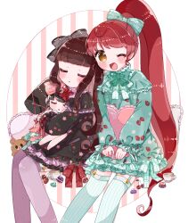 Rule 34 | 3girls, ;d, black dress, black hair, blue dress, blue thighhighs, blunt bangs, blush, bow, brown hair, cherry print, closed eyes, cup, dress, feet out of frame, food, food print, frilled dress, frills, fruit, gaaruru (pripara), hair bow, heart, heart-shaped pillow, highres, invisible chair, kira (kiratwins), kurosu aroma, long hair, long sleeves, looking at viewer, macaron, mini person, minigirl, multiple girls, one eye closed, open mouth, pillow, ponytail, pretty series, pripara, red hair, shiratama mikan, sidelocks, sitting, sleeping, sleeping on person, smile, strawberry, teacup, thighhighs, twintails, very long hair, yellow eyes
