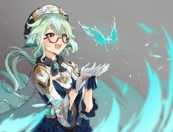 Rule 34 | 1girl, :d, antenna hair, blue dress, bug, butterfly, cape, dress, floating hair, fur collar, genshin impact, glasses, green hair, grey background, hat, highres, bug, long hair, long sleeves, looking up, low ponytail, multicolored hair, open mouth, semi-rimless eyewear, shrug (clothing), smile, solo, steeb, streaked hair, sucrose (genshin impact), under-rim eyewear, upper body, vision (genshin impact), wind, yellow eyes