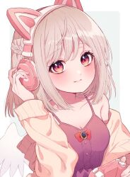 Rule 34 | 1girl, adapted costume, animal ear headphones, animal ears, bare shoulders, blonde hair, cardigan, cat ear headphones, closed mouth, commentary, controller, dress, fake animal ears, hand on headphones, headphones, highres, holding, holding controller, kishin sagume, long sleeves, looking at viewer, medium hair, off shoulder, open cardigan, open clothes, purple dress, purple eyes, simple background, single wing, sleeveless, sleeveless dress, solo, touhou, touya (konpekitou), upper body, white background, wings, yellow cardigan