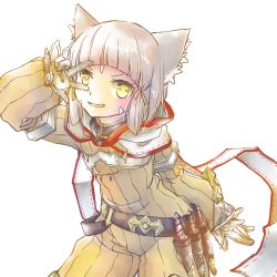 Rule 34 | 1girl, animal ears, arm up, blunt bangs, bodysuit, breasts, cat ears, dagger, facial mark, fangs, gloves, highres, knife, nia (xenoblade), short hair, silver hair, small breasts, smile, solo, weapon, white gloves, xenoblade chronicles (series), xenoblade chronicles 2, yellow bodysuit, yellow eyes