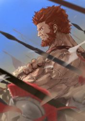 Rule 34 | 1boy, armor, army, bare shoulders, beard, commentary request, crossed arms, dark-skinned male, dark skin, day, facial hair, fate/grand order, fate/zero, fate (series), from side, highres, ionioi hetairoi (fate), iskandar (fate), kdm (ke dama), looking ahead, male focus, muscular, muscular male, polearm, red eyes, red hair, serious, short hair, solo, spear, upper body, veins, veiny arms, weapon