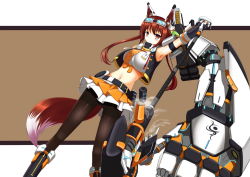 Rule 34 | 1girl, animal ears, armpits, arms up, black pantyhose, blush, book, breasts, brown background, brown pantyhose, dress, dutch angle, fatkewell, fox ears, fox tail, from below, goggles, huge weapon, looking at viewer, mechanical arms, midriff, navel, orange dress, orange skirt, original, outside border, pantyhose, single mechanical arm, skirt, solo, standing, tail, takeno reion, thigh gap, thighband pantyhose, upskirt, weapon