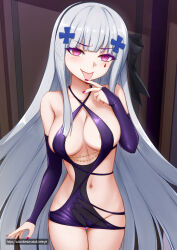 Rule 34 | 1girl, :p, alternate costume, alternate eye color, bare shoulders, black bow, blush, bow, breasts, bridal gauntlets, censored, cleavage cutout, clothing cutout, cross, detached sleeves, dress, facepaint, finger to mouth, girls&#039; frontline, groin, hair bow, hair ornament, hairpin, hand up, highres, hk416 (girls&#039; frontline), indoors, iron cross, licking, licking finger, long hair, medium breasts, midriff, mind control, nail polish, naughty face, navel, no bra, no panties, purple bridal gauntlets, purple dress, purple eyes, purple nails, pussy, pussy peek, revealing clothes, see-through, see-through dress, short dress, sideless outfit, solo, teardrop, thigh gap, tongue, tongue out, vahn yourdoom, very long hair, white hair