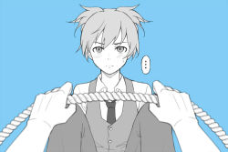 Rule 34 | ..., 1boy, 1other, ansatsu kyoushitsu, blue background, blue theme, blush, collared shirt, commentary request, gloves, holding, holding rope, knees up, looking at viewer, male focus, meipoi, monochrome, necktie, pants, rope, shiota nagisa, shirt, short hair, simple background, solo focus, spoken ellipsis, sweatdrop, twintails, vest