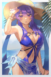 Rule 34 | 1girl, absurdres, blue one-piece swimsuit, blue sky, bracelet, breasts, brown hat, cloud, commentary request, dark-skinned female, dark skin, day, fingernails, hat, highres, jewelry, judith (tales), large breasts, lips, long hair, looking at viewer, nail polish, ocean, one-piece swimsuit, outdoors, parted lips, pointy ears, purple eyes, purple hair, purple nails, sky, solo, swimsuit, tales of (series), tales of the rays, tan, ubo (ubo tales)