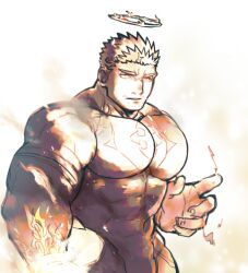 Rule 34 | 1boy, bara, black bodysuit, black hair, bodysuit, bulge, covered abs, cowboy shot, facial hair, fire, flame print, flaming halo, flaming hand, halo, index finger raised, large hands, large pectorals, looking away, male focus, mature male, muscular, muscular male, pectorals, po fu, short hair, solo, stubble, tokyo houkago summoners, zabaniyya (housamo)