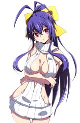 Rule 34 | 1girl, :o, antenna hair, backless dress, backless outfit, bare shoulders, blazblue, blue hair, bow, breast hold, breasts, center opening, cleavage, contrapposto, cowboy shot, dress, genderswap, genderswap (mtf), hair between eyes, hair bow, halterneck, head tilt, highres, kaname nagi, large breasts, leaning to the side, long hair, looking at viewer, mai natsume, meme attire, naked sweater, parted lips, ponytail, purple eyes, purple hair, red eyes, ribbed sweater, ribbon, sidelocks, simple background, sketch, solo, standing, sweater, sweater dress, thigh gap, very long hair, virgin killer sweater, white background, yellow bow