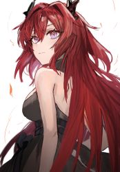 Rule 34 | 1girl, absurdres, arknights, bare shoulders, black dress, closed mouth, commentary, demon girl, demon horns, dress, hair intakes, highres, horn/wood, horns, long hair, purple eyes, red hair, simple background, solo, surtr (arknights), symbol-only commentary, white background