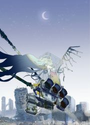 Rule 34 | 1girl, angel, angel wings, backless dress, backless outfit, blurry, building, city, commentary, crescent moon, depth of field, dress, from behind, gradient clothes, gradient dress, green hair, highres, kurohal, long hair, moon, night, night sky, original, overgrown, plant, post-apocalypse, ruins, sitting, sky, solo, star (sky), strap slip, traffic light, very long hair, vines, wind, wings