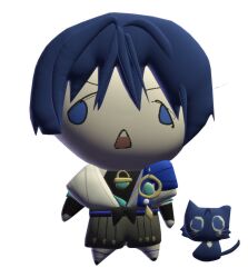 Rule 34 | 1boy, 3d, blue hair, cat, chibi, genshin impact, highres, ike 0910, japanese clothes, male focus, open mouth, scaramouche (cat) (genshin impact), scaramouche (genshin impact), short hair, simple background, solo, vision (genshin impact), wanderer (genshin impact), white background