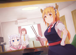 Rule 34 | 3girls, absurdres, air conditioner, arapi, blonde hair, blue eyes, breasts, child, chopsticks, cooking, cup, door, dragon girl, dragon horns, dragon tail, flat chest, food, frying pan, glasses, gloves, highres, horns, indoors, kanna kamui, kobayashi-san chi no maidragon, kobayashi (maidragon), lamp, large breasts, long hair, long sleeves, low twintails, maid, maid headdress, meat, multiple girls, necktie, ponytail, red hair, shirt, silver hair, tail, tohru (maidragon), twintails, window, yellow eyes